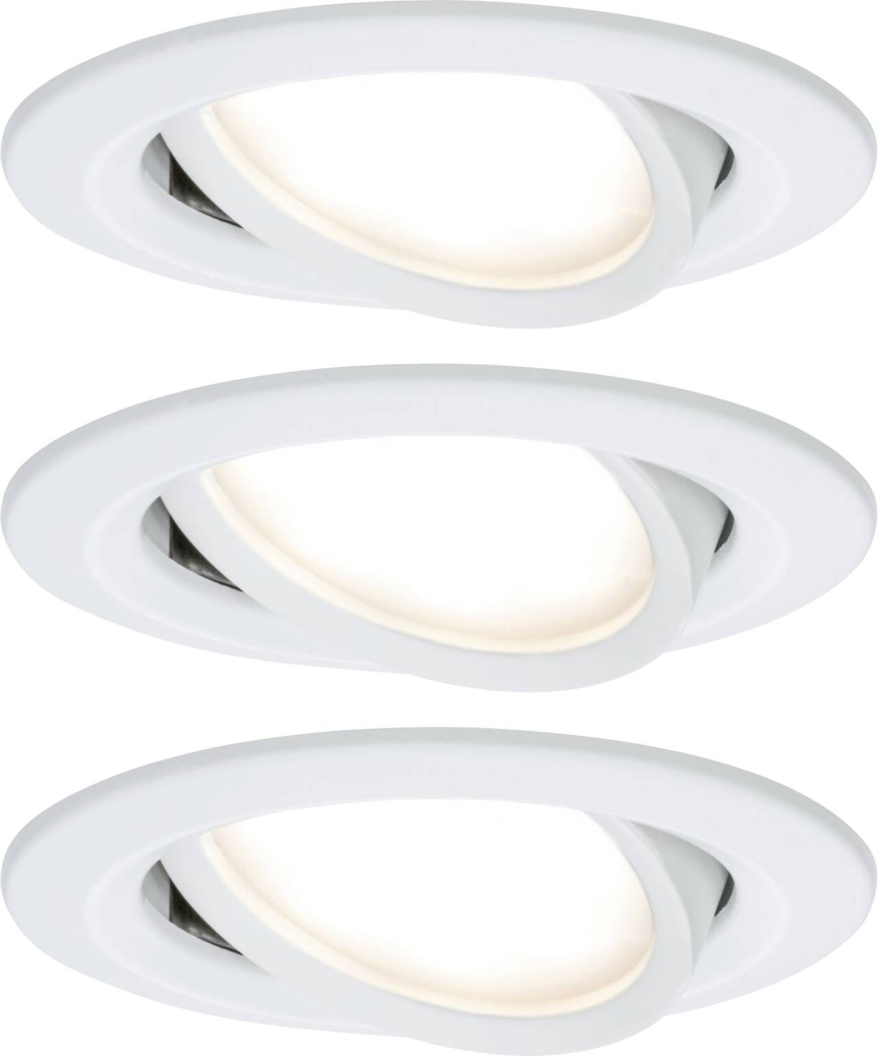 Three white, circular recessed ceiling spotlights with adjustable light heads, emitting warm light. Perfect for contemporary interior design.
