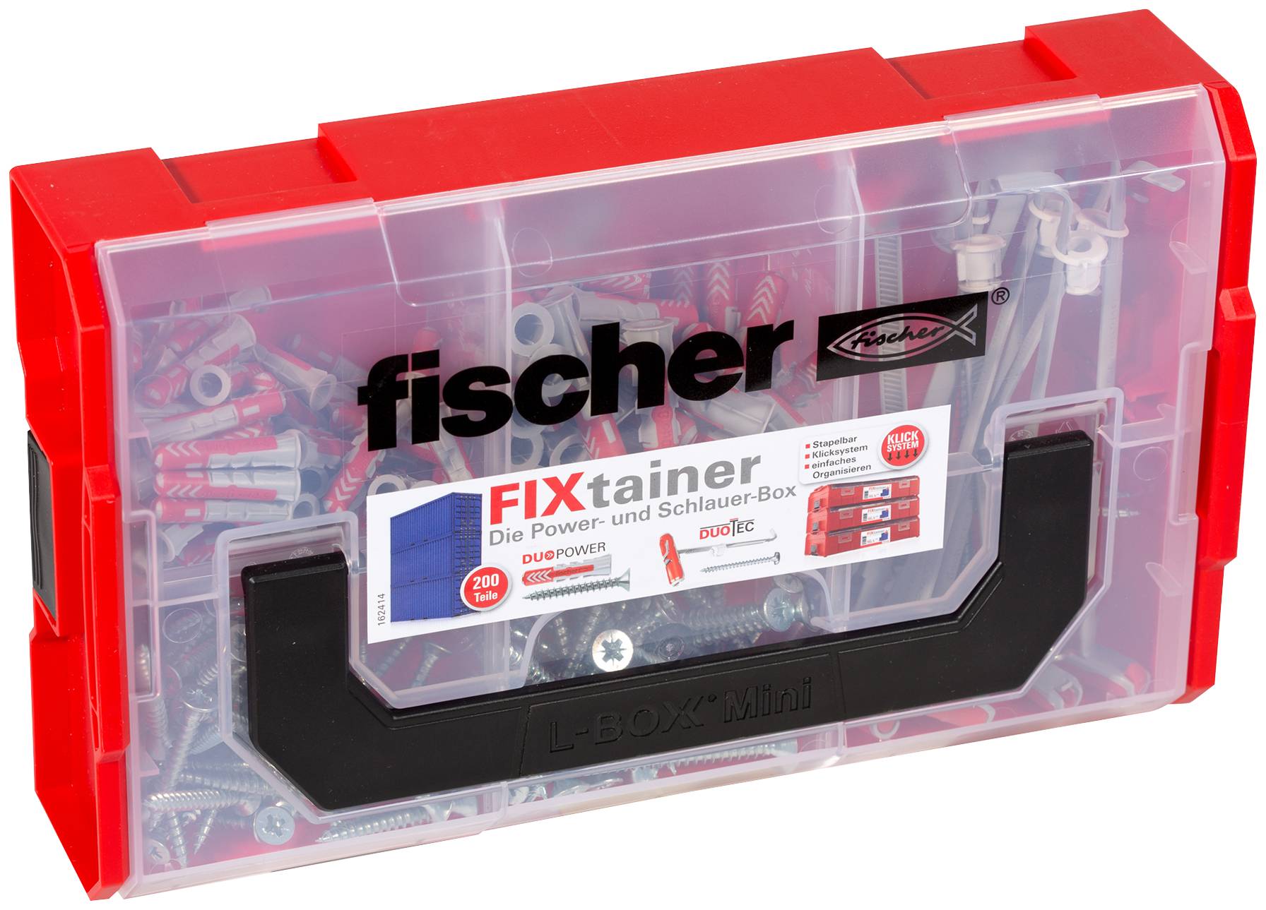 Red Fisher plastic storage box labeled 'fischer FIXtainer', filled with assorted screws and wall plugs.