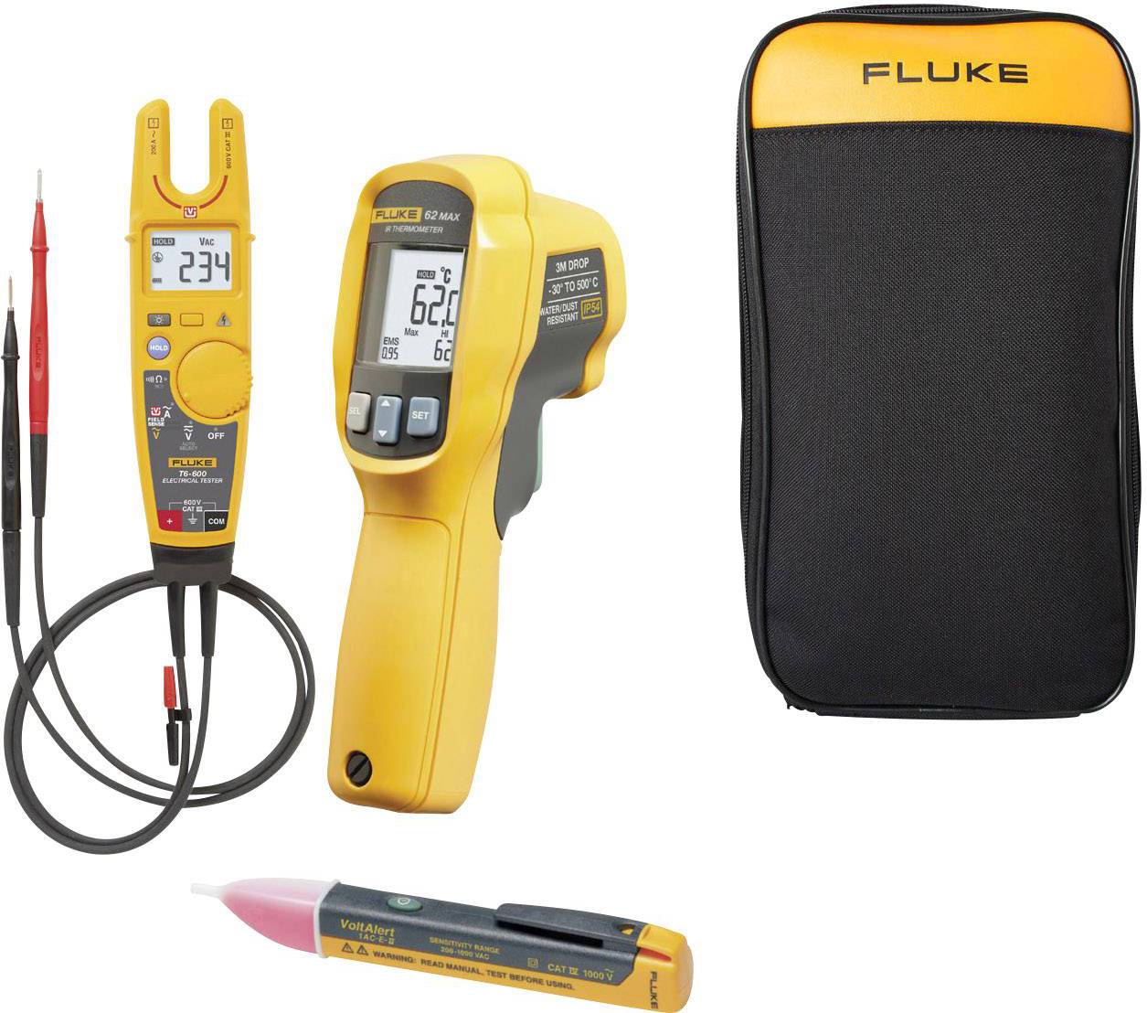 Multimeter, infrared thermometer and voltage detector in yellow carry case.