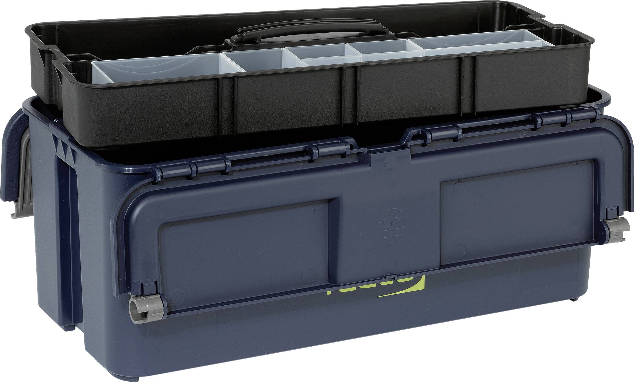A blue toolbox with a removable black compartment and multiple dividers for storing tools or small parts.