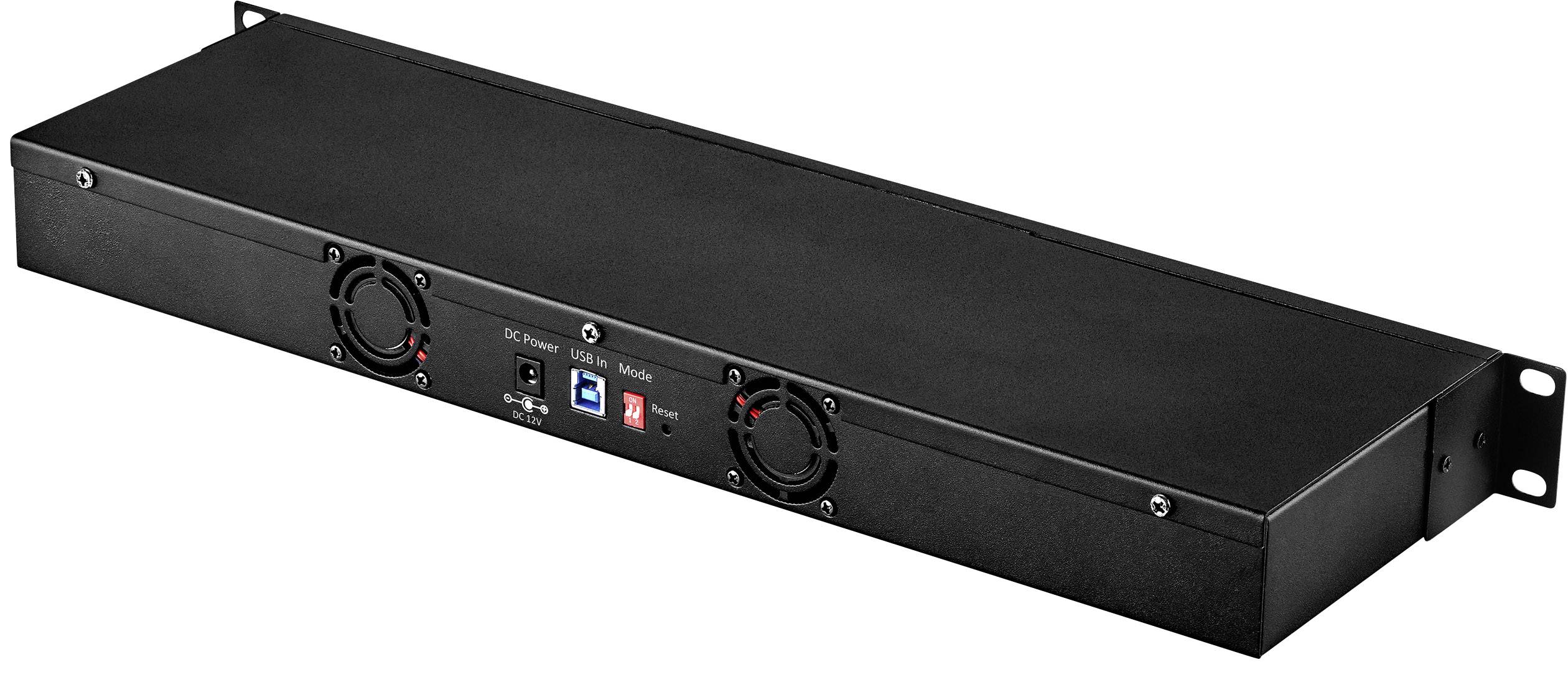 A black electronic device with fans and ports on the front panel, suitable for rack mounting in a server room.