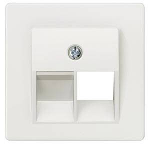 Two socket cover plate for network sockets. One socket vacant, the other not visible. Screw located centrally at the top for fastening.