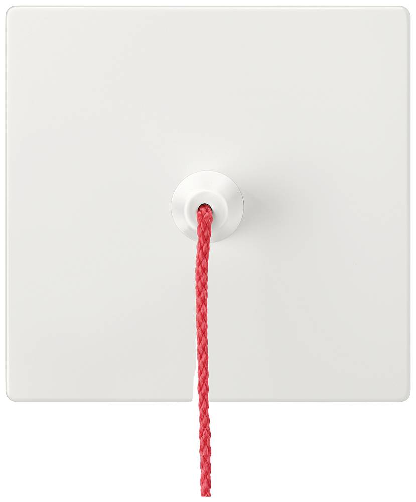 A white wall plate with a red pull cord extending from the centre.