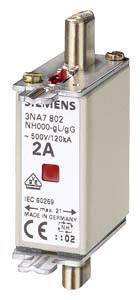 Siemens electrical NH fuse insert, 2A/500V, Type: 3NA7 802, IEC 60269, manufactured in Germany.