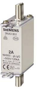 A rectangular Siemens fuse insert, Model 3NA3 802, with a current rating of 2A and a voltage of 500V.