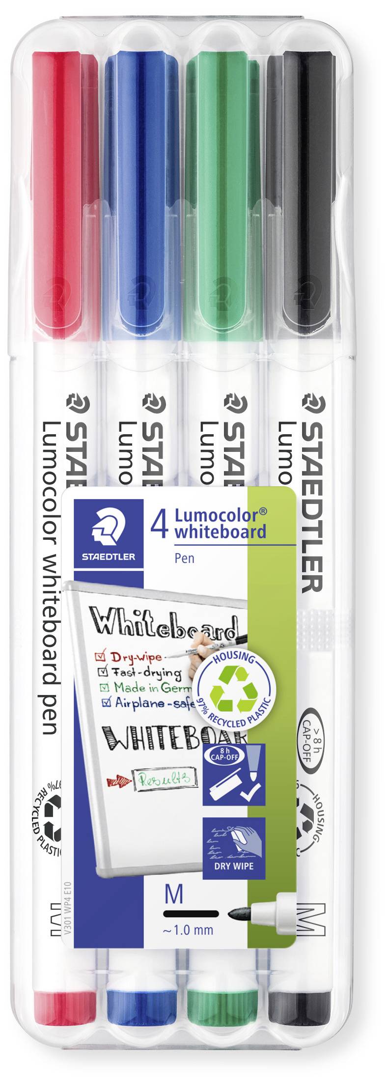Set of four coloured whiteboard markers in Red, Blue, Green and Black by Staedtler, suitable for whiteboards.