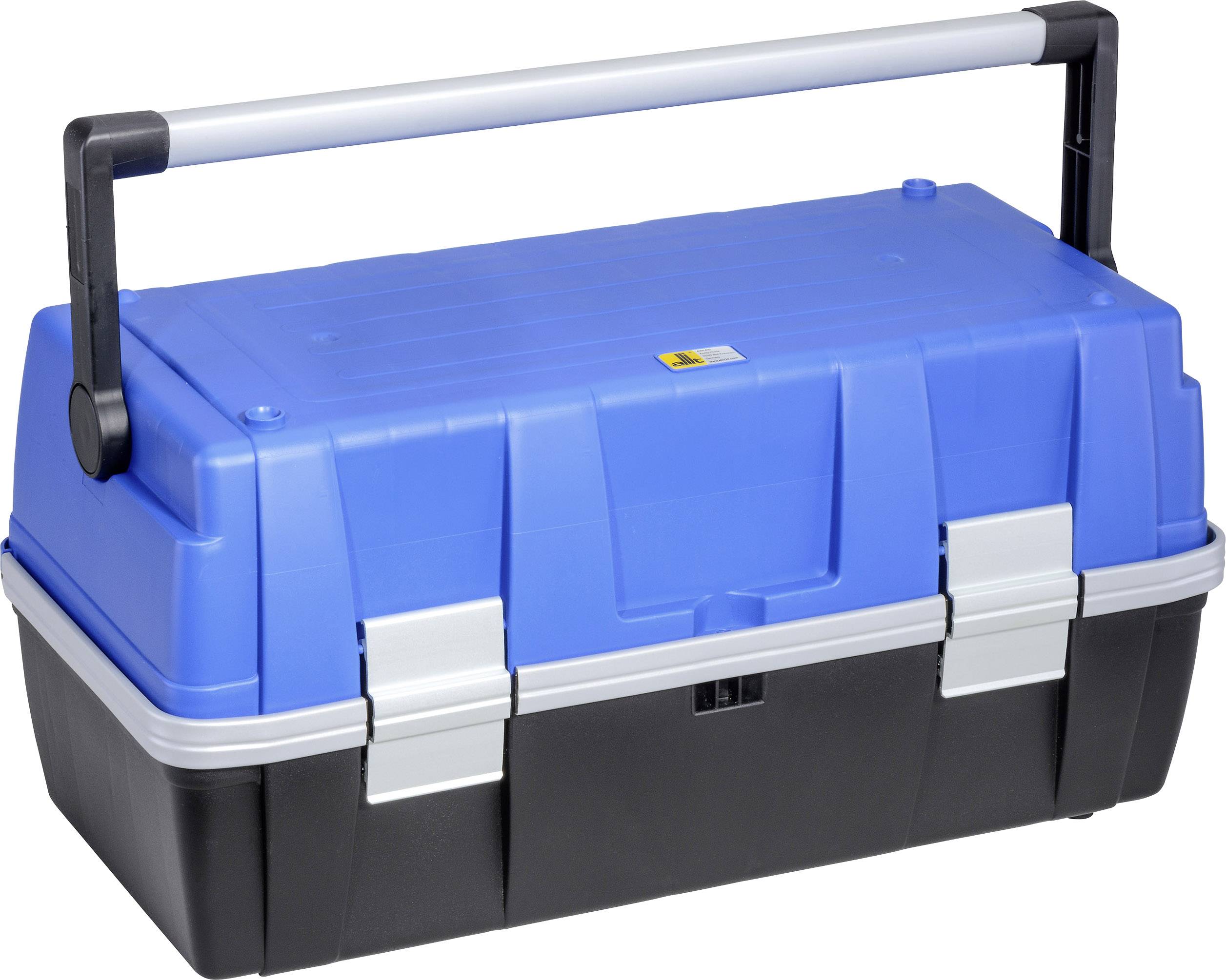 Blue toolbox with a black base and silver handle, suitable for storing and transporting tools.