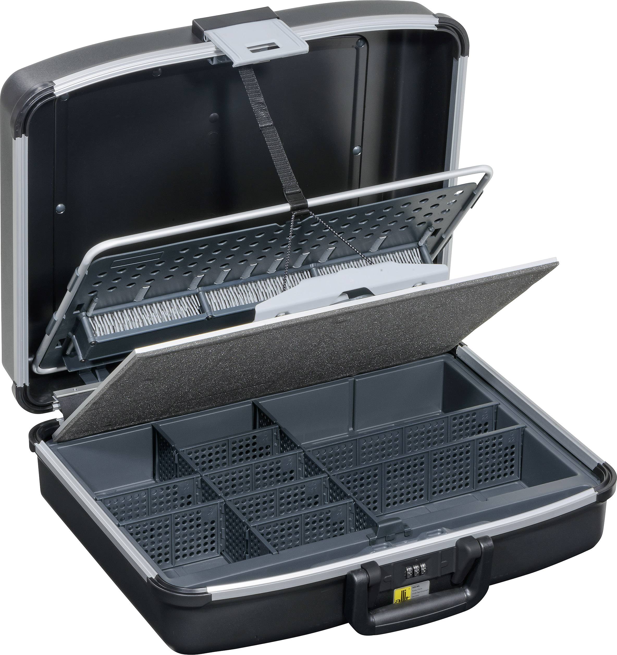 An open black briefcase with compartments and a combination lock, displaying multiple storage boxes for personalised organisation.