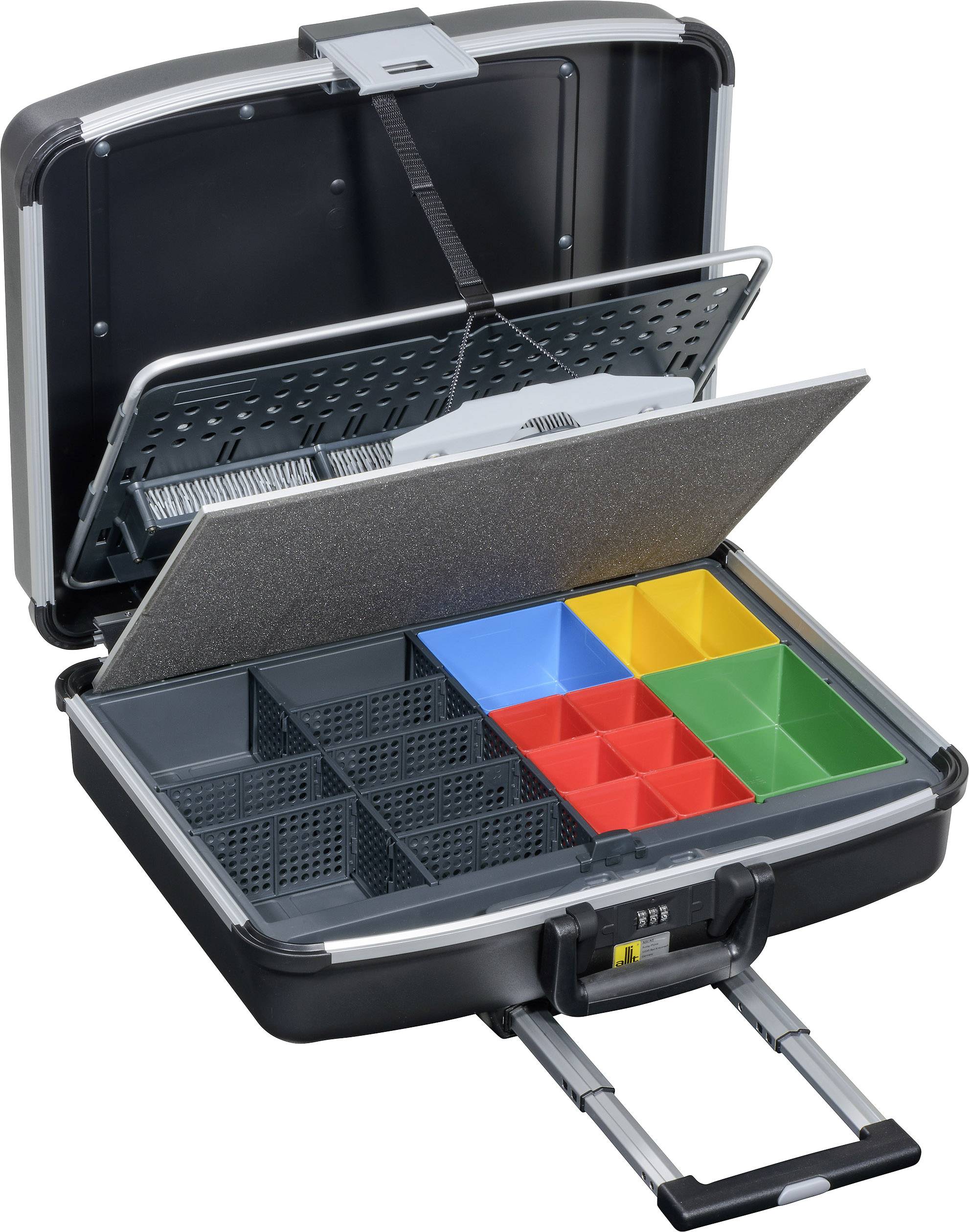 An opened tool case with removable, coloured compartments for organising tools or small parts.