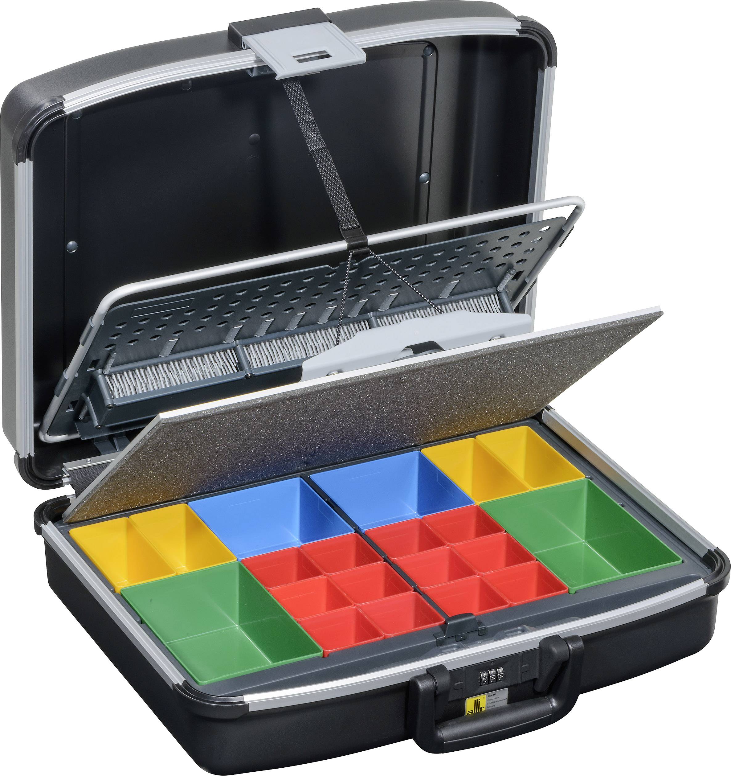 An open suitcase with its lid raised displays colourful dividers in red, blue, yellow, and green, which can be used for flexible storage.