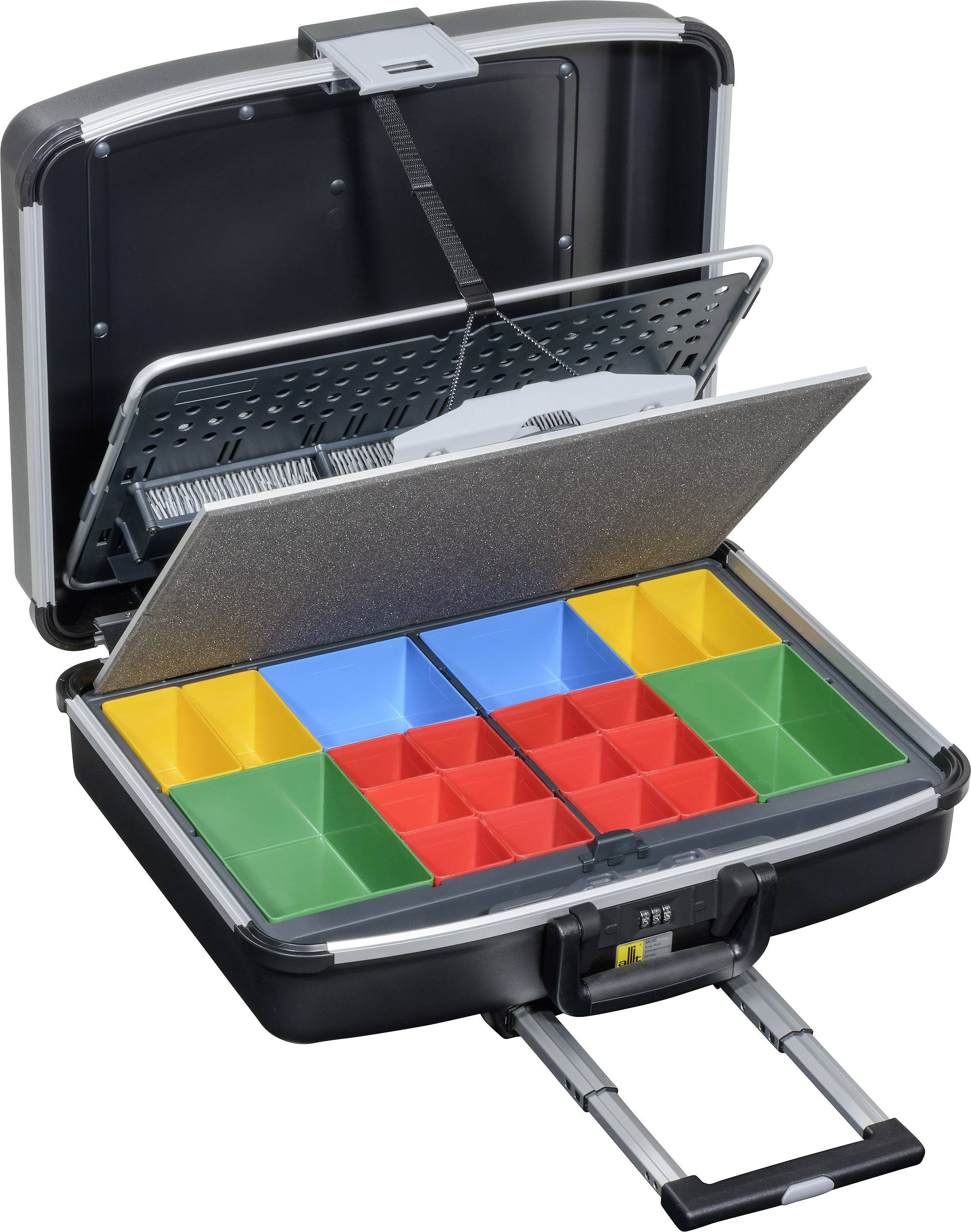 Black tool case with various colourful plastic storage boxes that ensure organised storage.