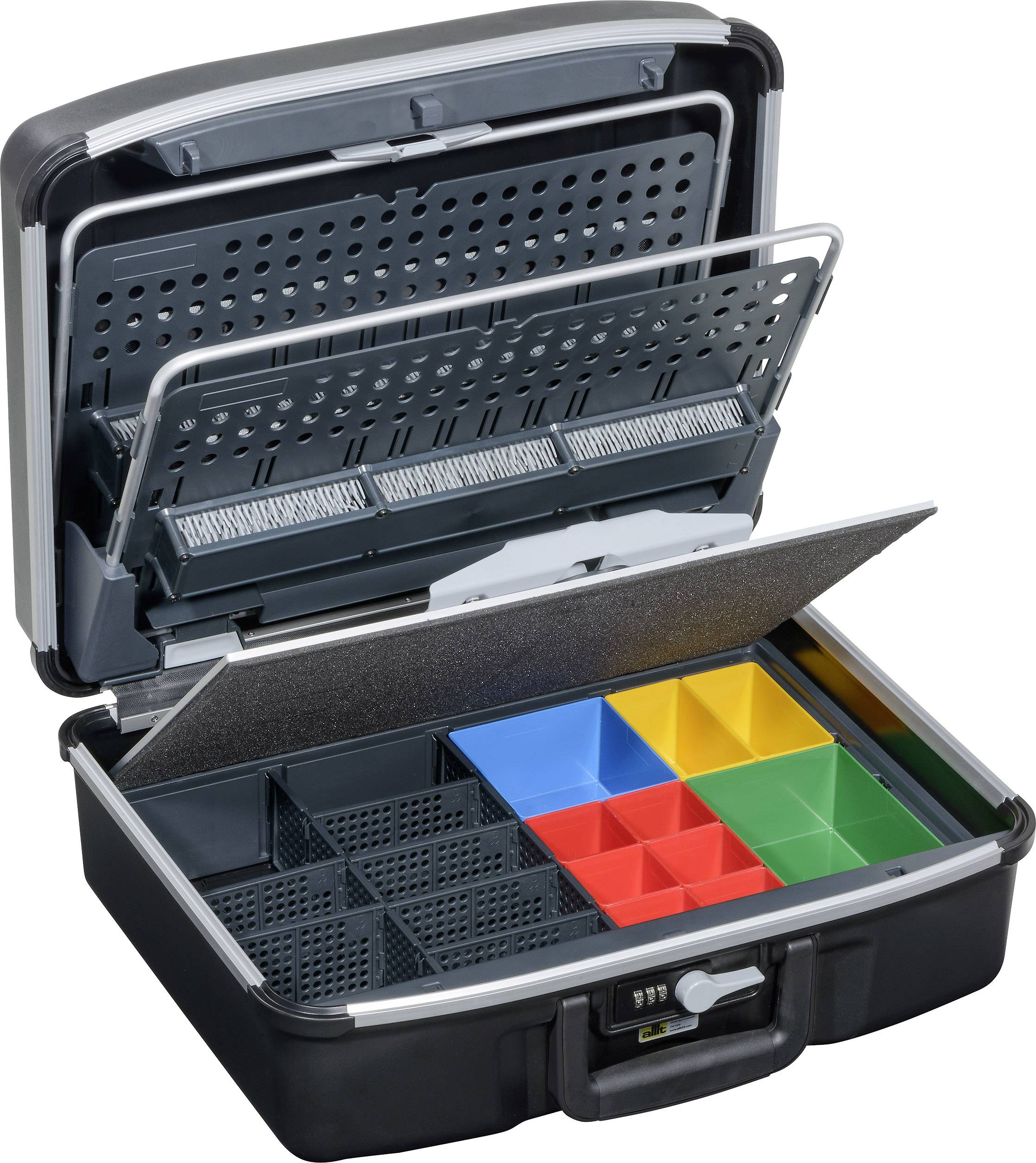 An open toolbox with coloured compartments: Yellow, Red, Blue, filled with small boxes for organising tools.