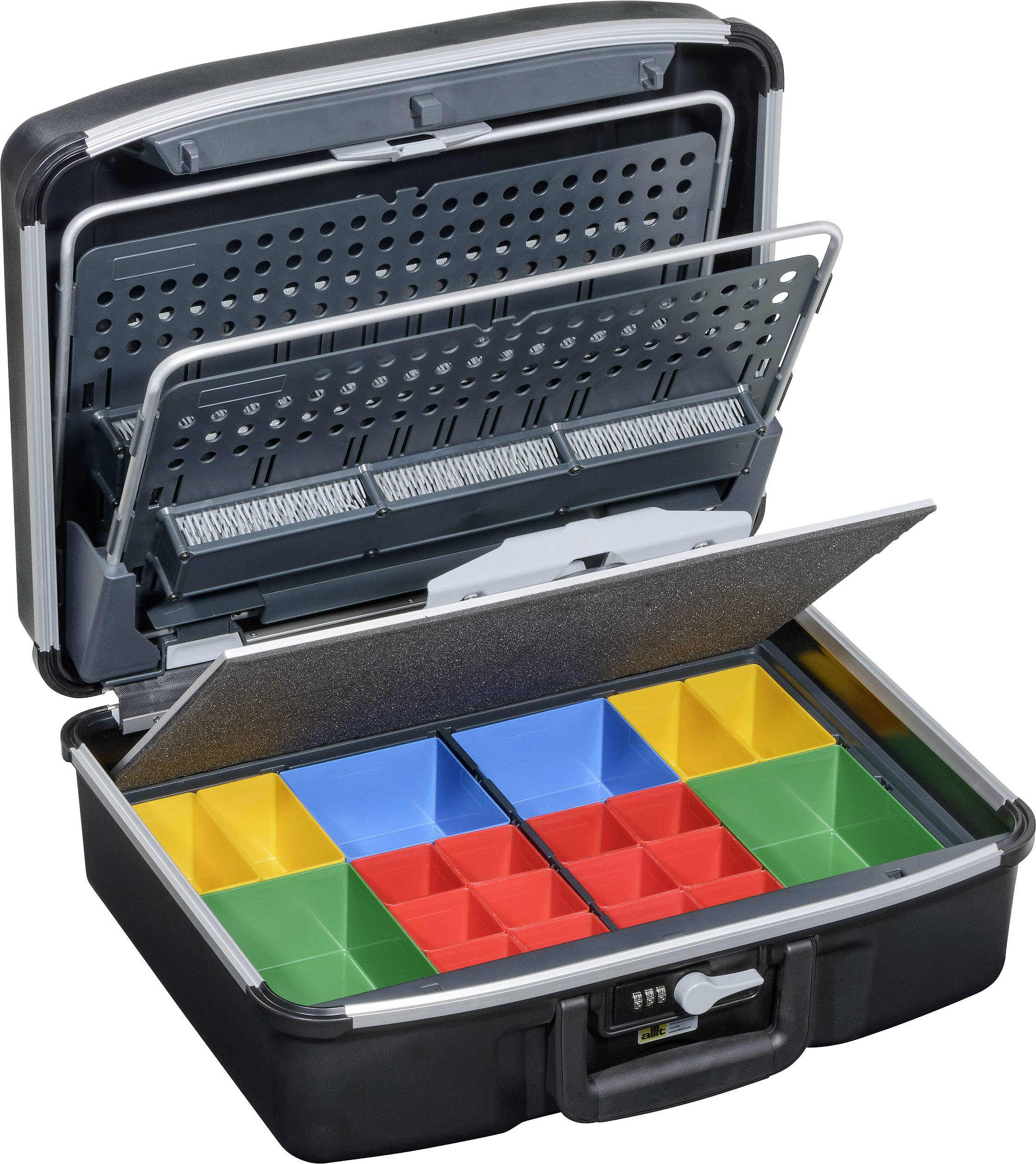 Open plastic case with foam lid and multiple square, colourful compartments; ideal for secure tool storage.
