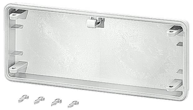 Rectangular white number plate holder with four mounting clips, suitable for installation on vehicles. Includes additional fastening clips.
