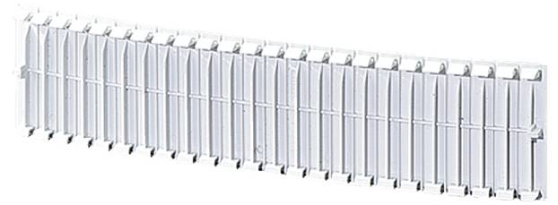 A white, mounted distribution block for cable connections, consisting of multiple vertical slots.