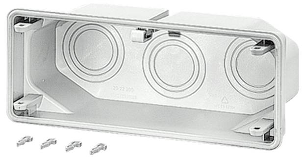 White, rectangular plastic cover with three raised, circular areas. Suitable for electrical or technological applications.