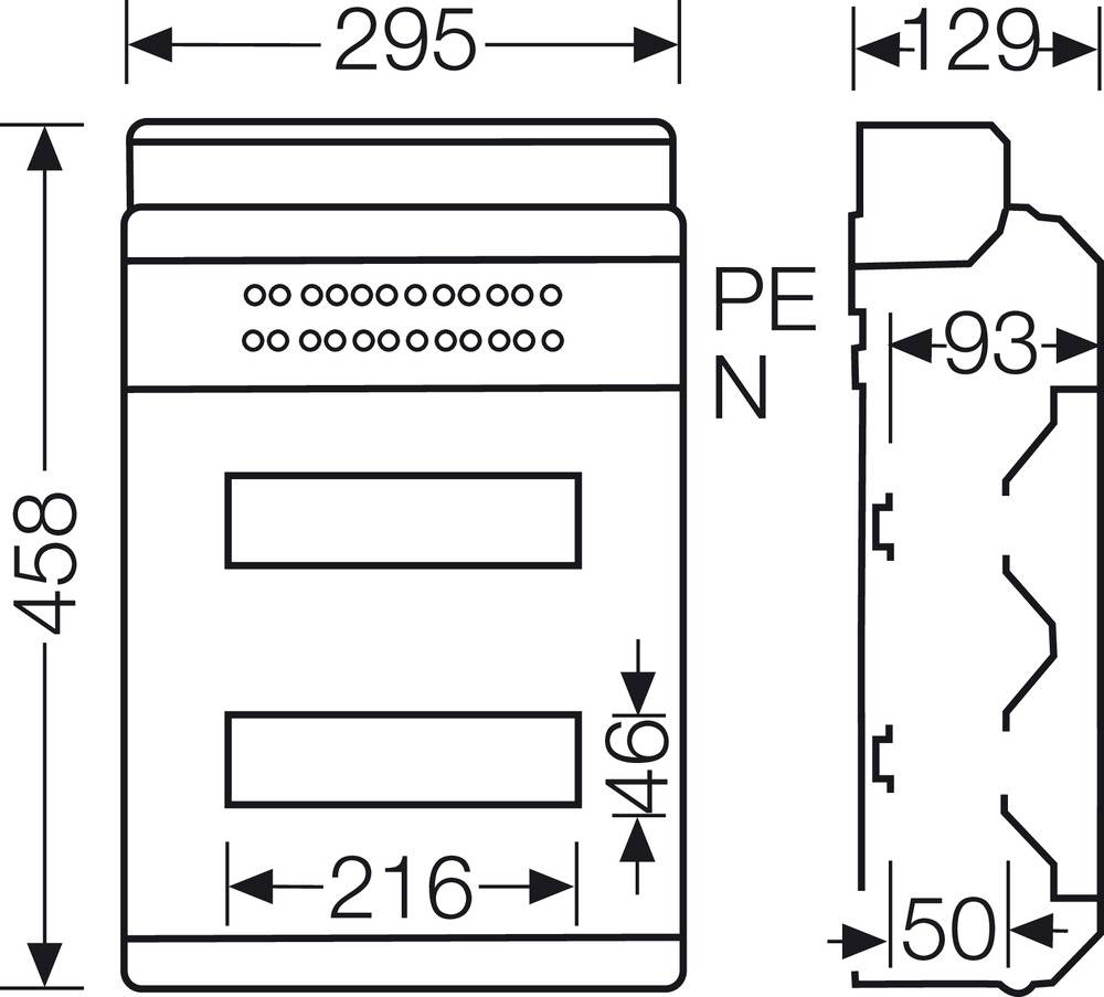 Technical drawing of a rectangular device with dimensions in millimetres. Height: 458, Width: 295. Side view shows connection 'PE N'.