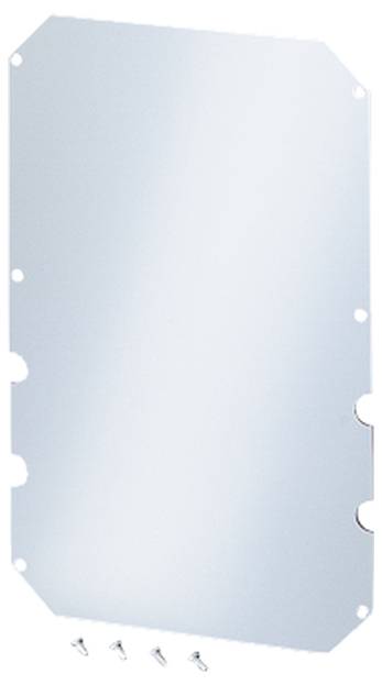 Metal plate with six screw holes at the corners and in the middle of the longer sides. Four screws are positioned below.