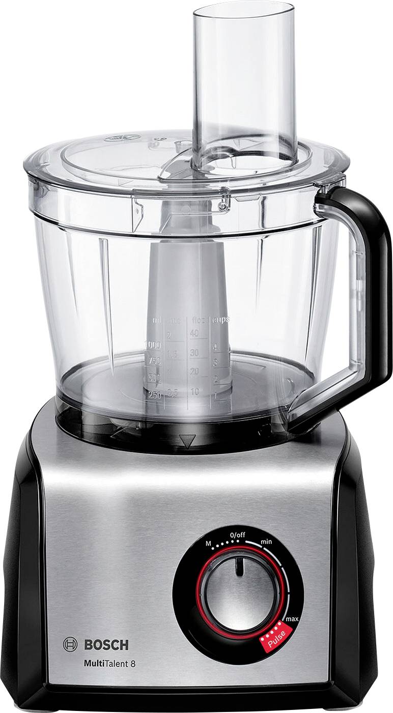 Kitchen food processor with a transparent container, black handle, and silver base. Brand name and control dial with various speed settings visible.
