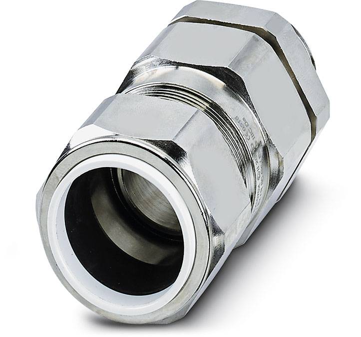 Metallic cable gland in silver finish, cylindrical in shape with ribbed and smooth sections, for cable fastening.