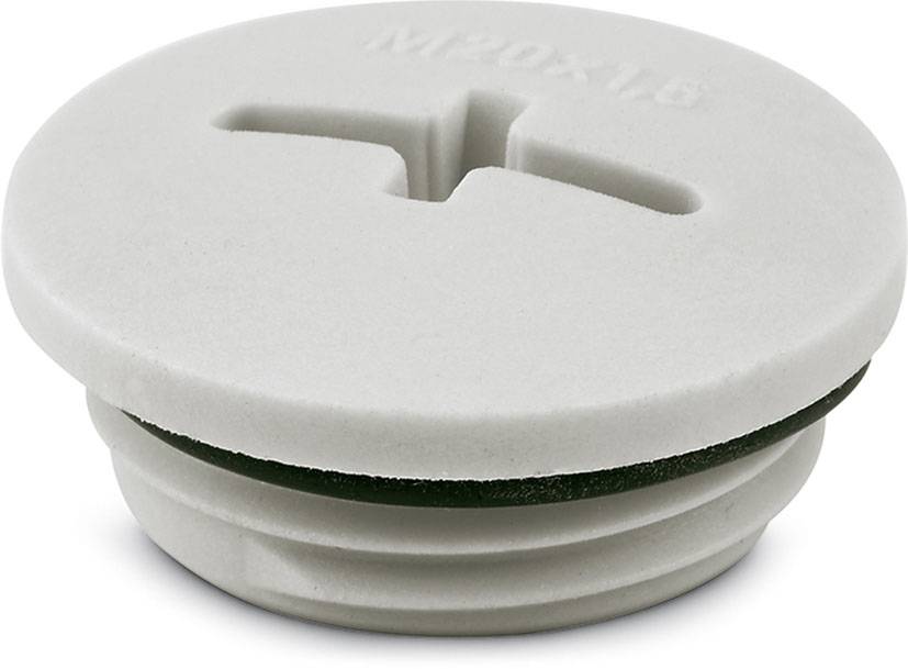 Round white plastic threaded stopper. A slotted insert is located on the top. Suitable for pipe or wall openings.