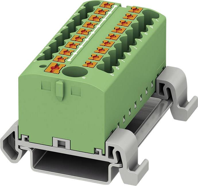Green electrical connector on a grey mounting, with multiple orange socket slots for cable connections.