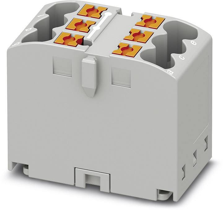 A grey, electrical connector with four orange clamping levers, suitable for connecting multiple cables.