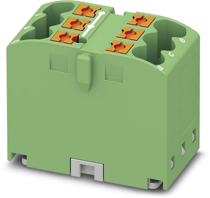 Green, rectangular electronic component with orange terminal connections. Connects electrical wires in an electrical circuit.