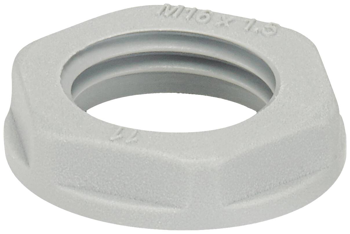 Grey plastic hexagonal cable gland, marked 'M16 x 1.5', for cable securing.