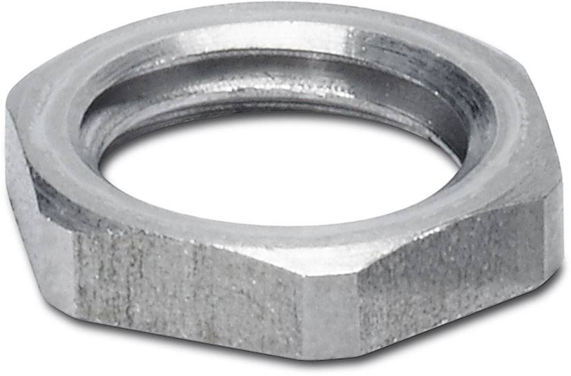 Metal hexagonal nut, silver-coloured, with visible edges and smooth surface, lying on a white surface.