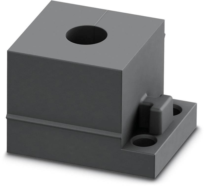 A black plastic block with two round recesses. One side is square, the other cylindrical.
