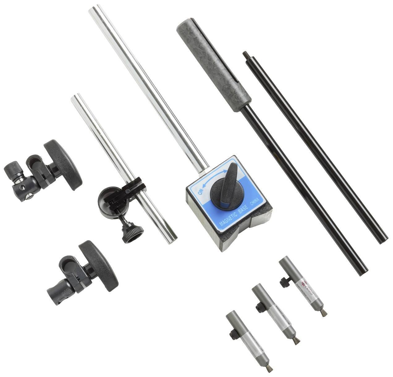 Metal rods, adjusting screws, and measuring adapters on a white background, part of a modular measuring system, no additional context provided.