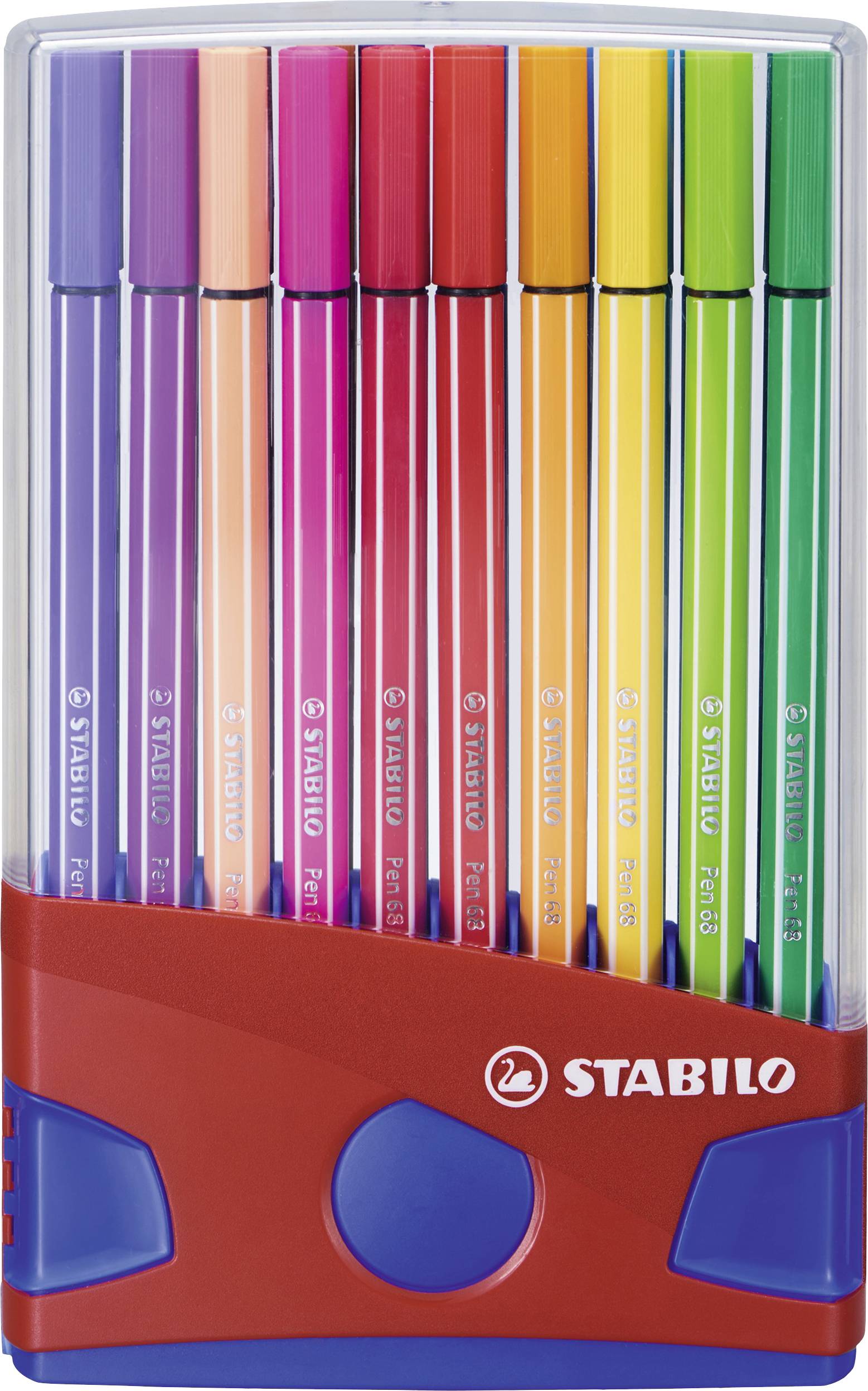 Colourful Stabilo pens arranged in a red packaging, from left to right: purple, pink, orange, red, yellow, green, blue.
