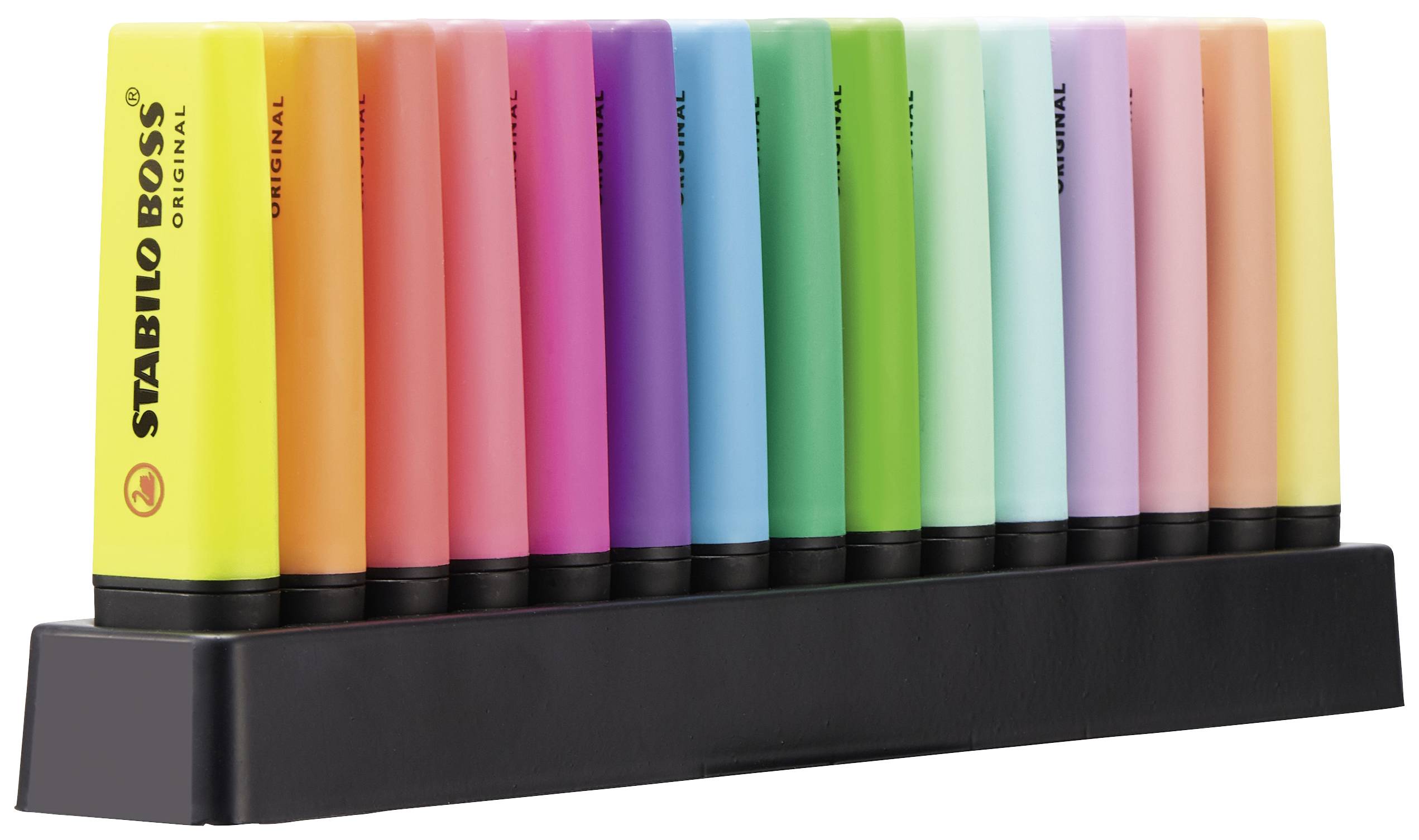 A row of 15 Stabilo Boss highlighters in various colours sits on a black stand.