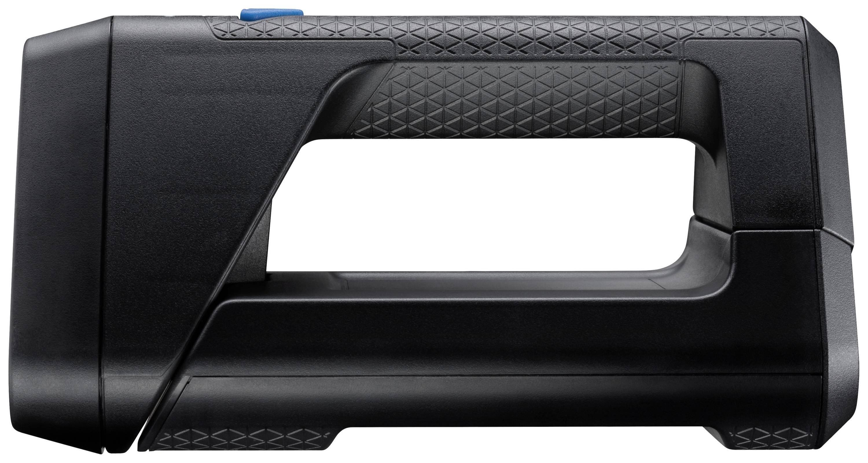 Black, rectangular handle with blue button on top, usable as an ergonomic component of an electronic tool.