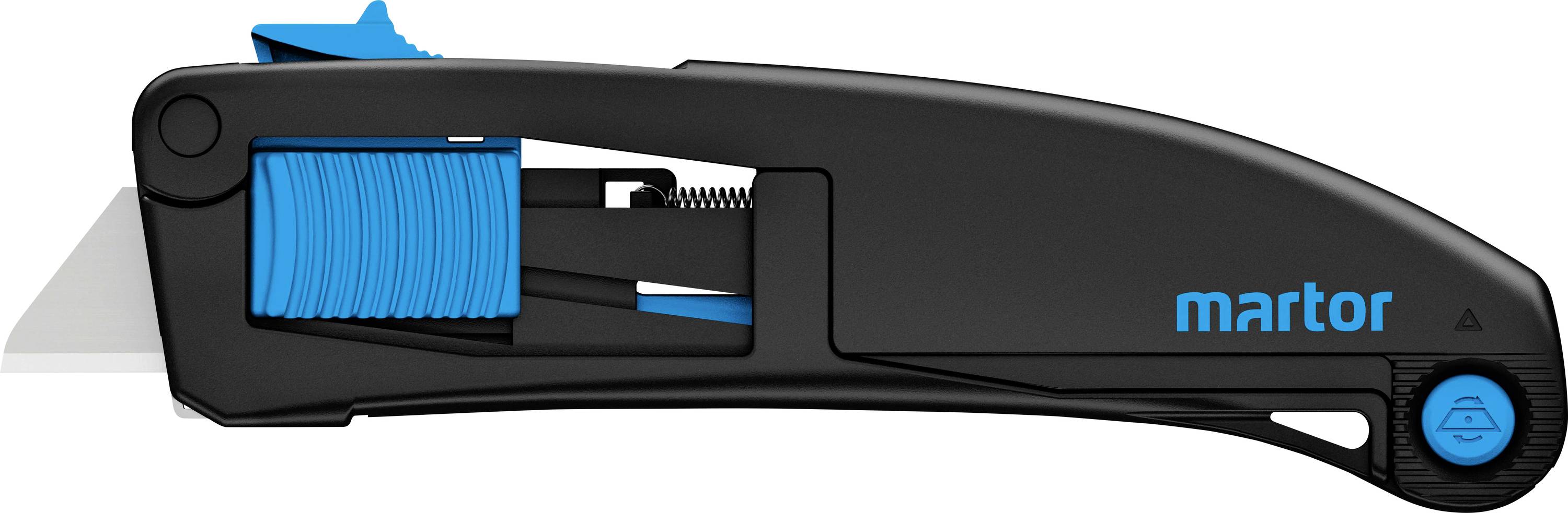 Black safety knife with blue switch and blade, manufacturer name 'martor' in blue. Suitable for precise and safe cutting.
