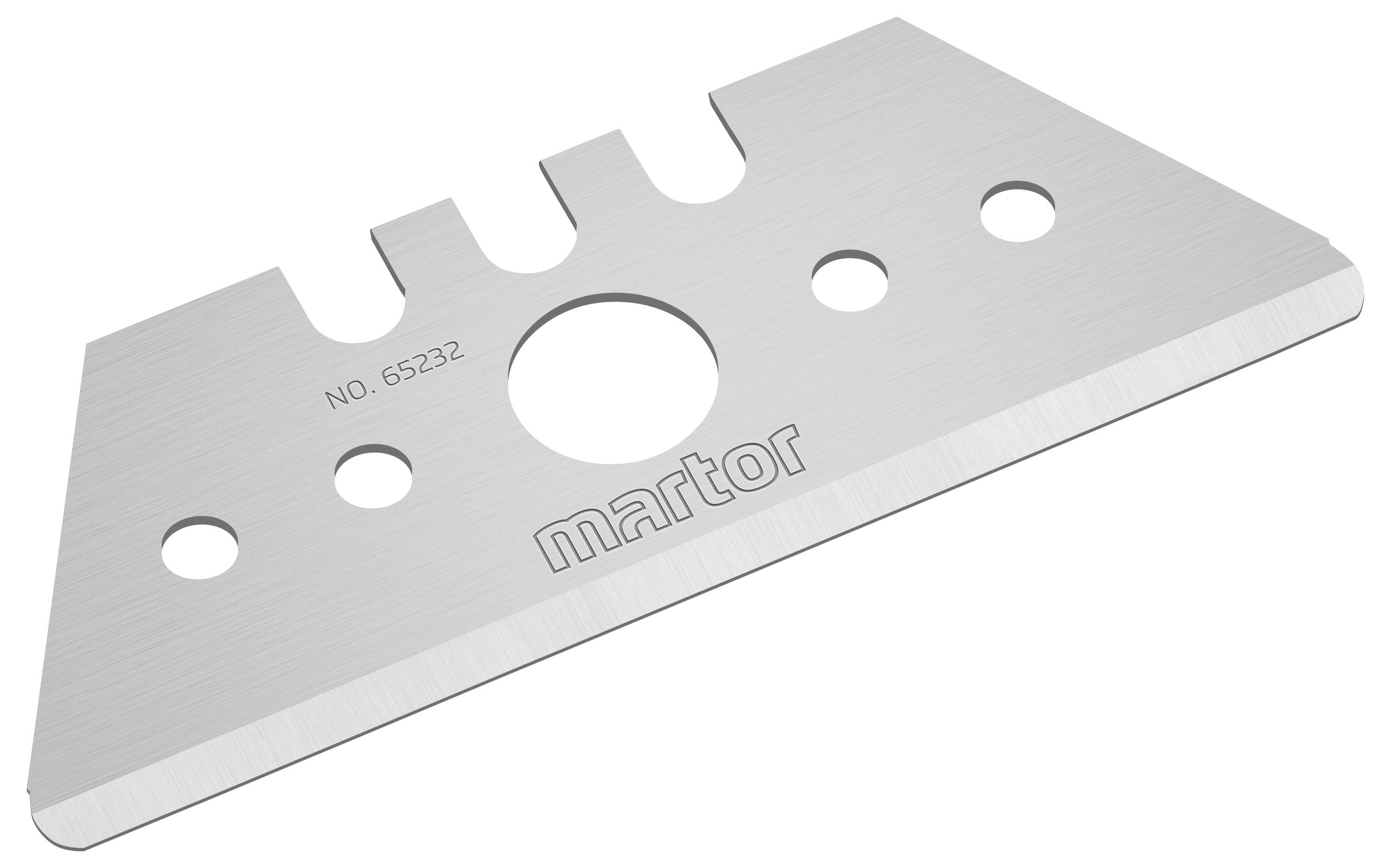 Image of a universal trapezoid blade knife, silver with the inscription 'martor' and the serial number 'NO. 65232' on the blade.