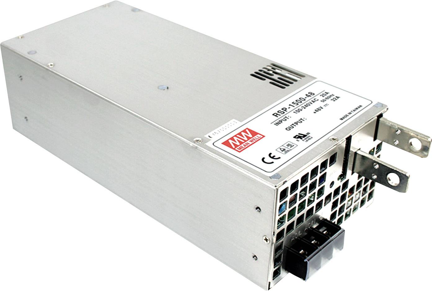 A rectangular power supply from Mean Well, Model RSP-1500-48, with ventilation slots and connection terminals, suitable for industrial machines.