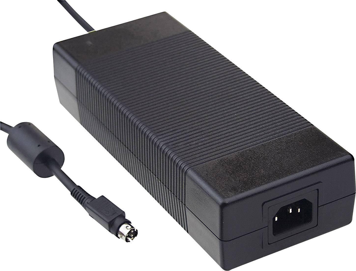 Black laptop power adapter with mains connection and round plug.