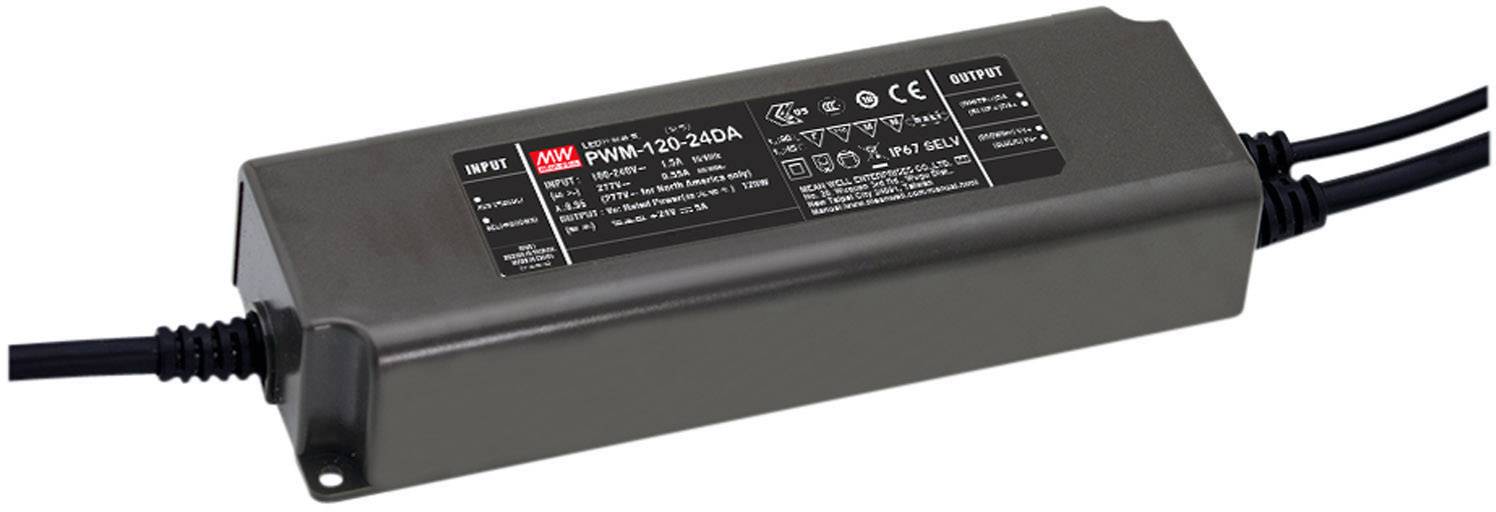 Rectangular power supply unit with a black casing and a label displaying technical specifications on the top side. Connections on both sides.