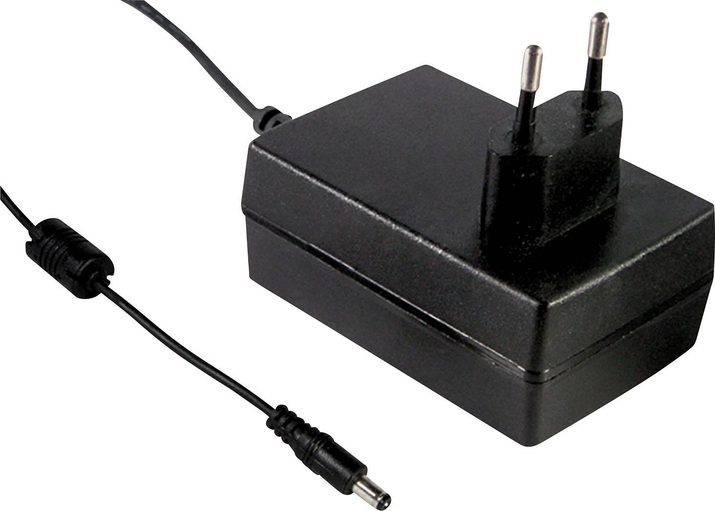 A black power adapter with EU plug and a cable with a round connector. It is used for powering electrical devices.