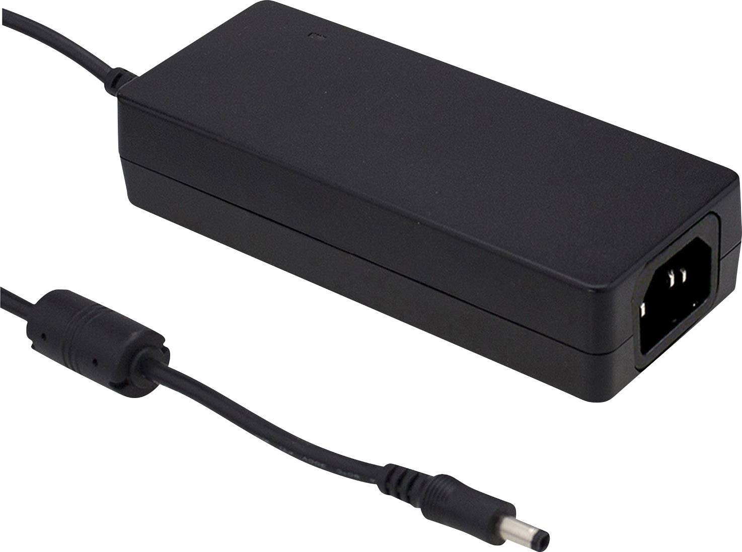 Black laptop charger with power adapter and connection cable, ready to power a device.Note: This is already quite close to British English. The translation maintains the original meaning and technical description without significant changes.