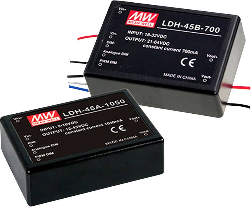 Two black LED drivers by MEAN WELL with labelling of input and output parameters, model numbers LDH-45B-700 and LDH-45A-1050.