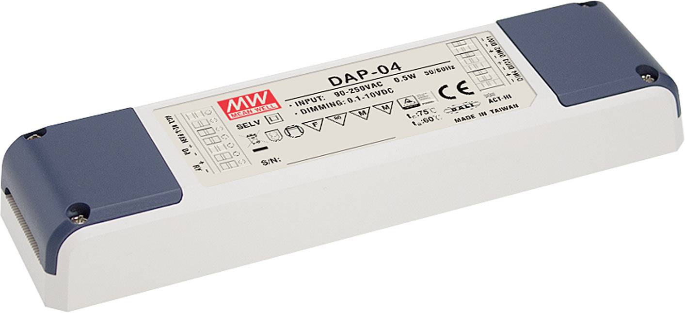 Rectangular LED power supply with model number 'DAP-04', input voltage 90-305V AC, 5W. Manufacturer's logo and CE marking visible.