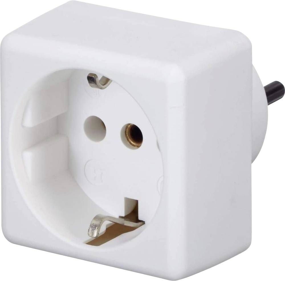 White, square socket adapters with two holes for European plugs mounted on a wall.