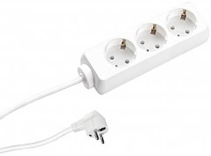 A white triple socket extension lead with cable and Euro plug, suitable for connecting multiple electrical devices.