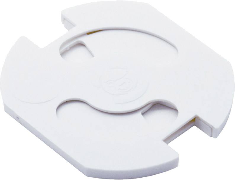 A white, round plastic object with slots and an embossed logo in the centre. Suitable as a holder or protective cover.
