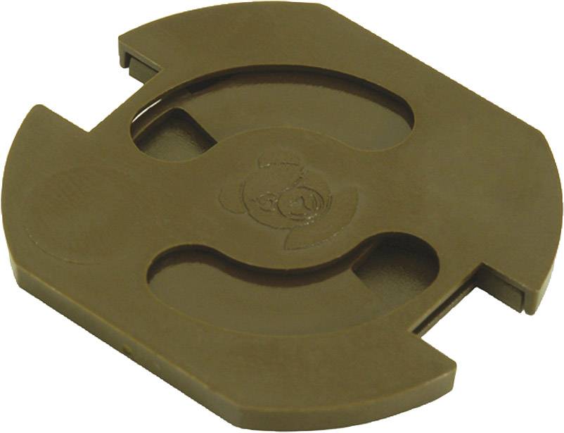A brown plastic adapter for playing records with a large centre hole on a turntable with a small spindle.
