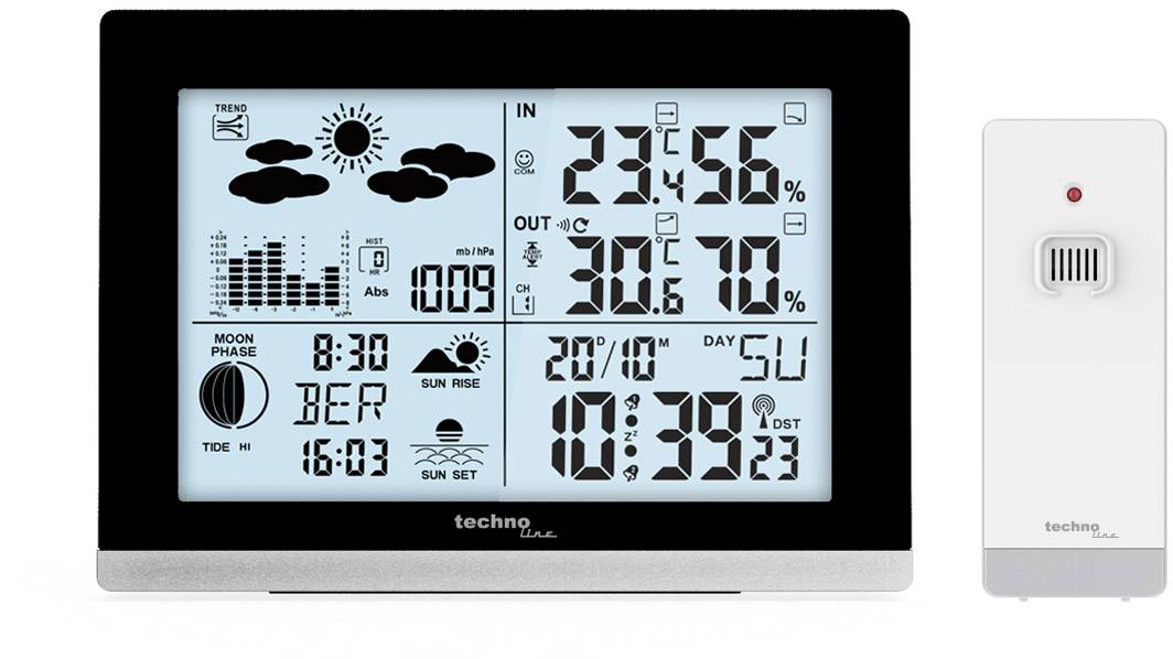 Elektronische Wetterstation mit Display, zeigt Innen- und Außentemperatur, Luftfeuchtigkeit, Uhrzeit, Mondphase und Wettervorhersage.