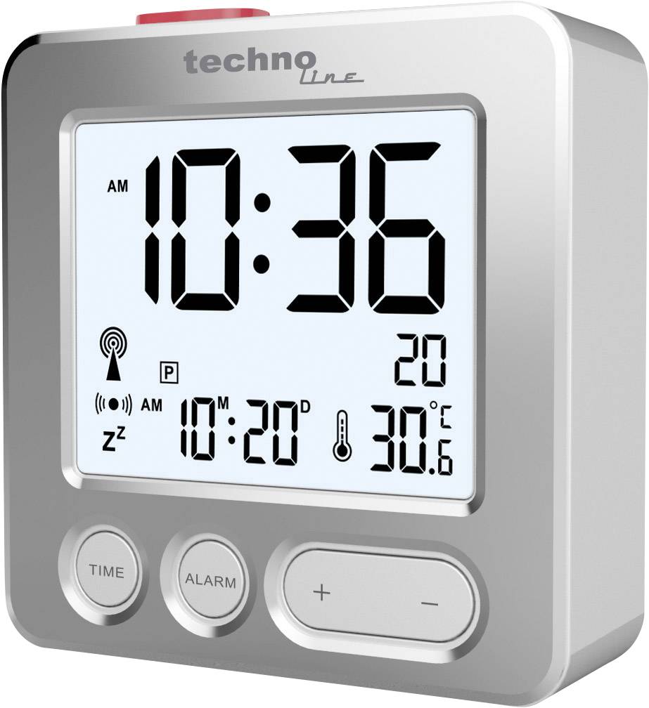 Electric wall clock 'techno Line' displays 10:36, with date 20th. Temperature reading at 30.6°C. Contains buttons for time and alarm settings.